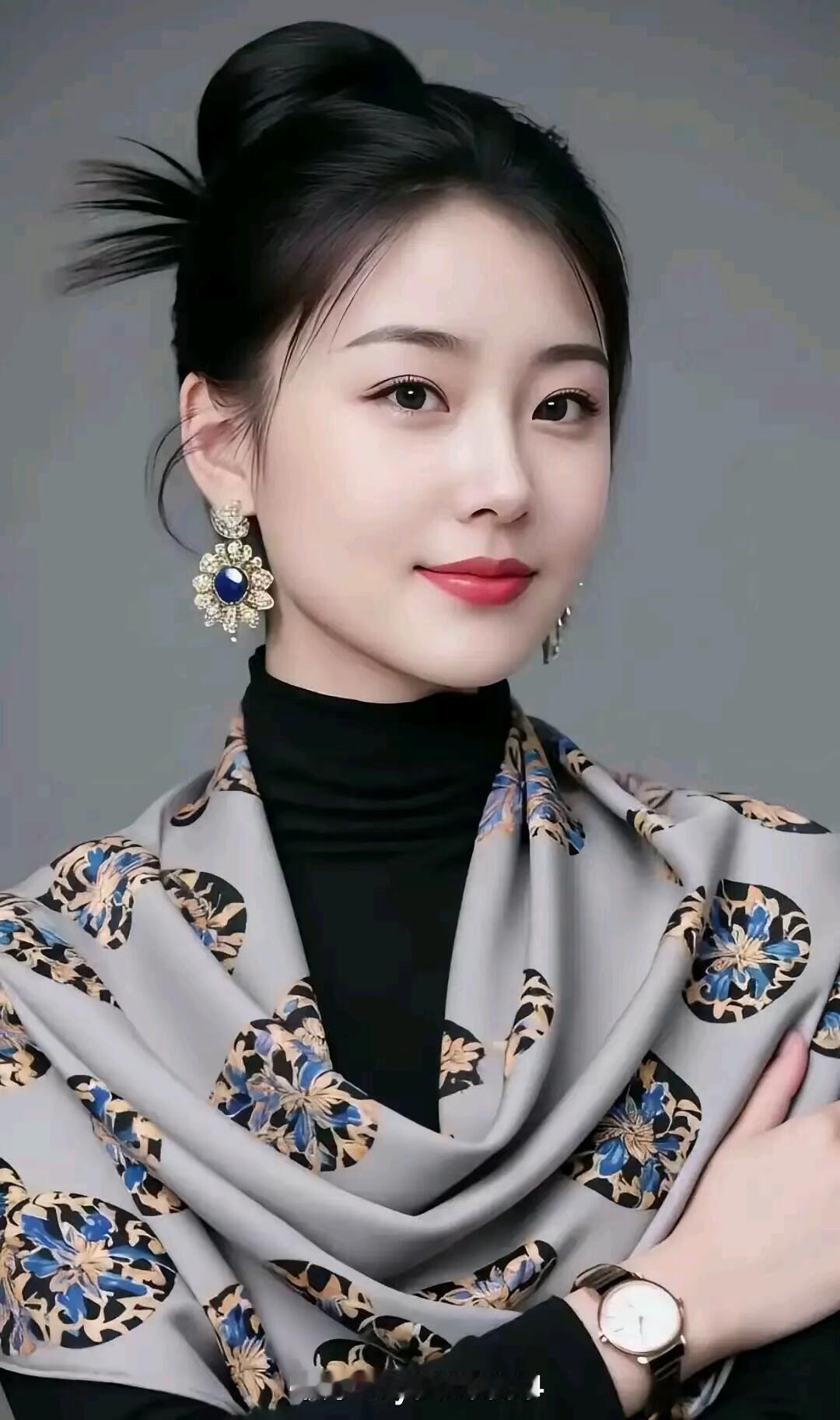 优雅气质，蓝花围巾，黑衣配饰，时尚穿搭