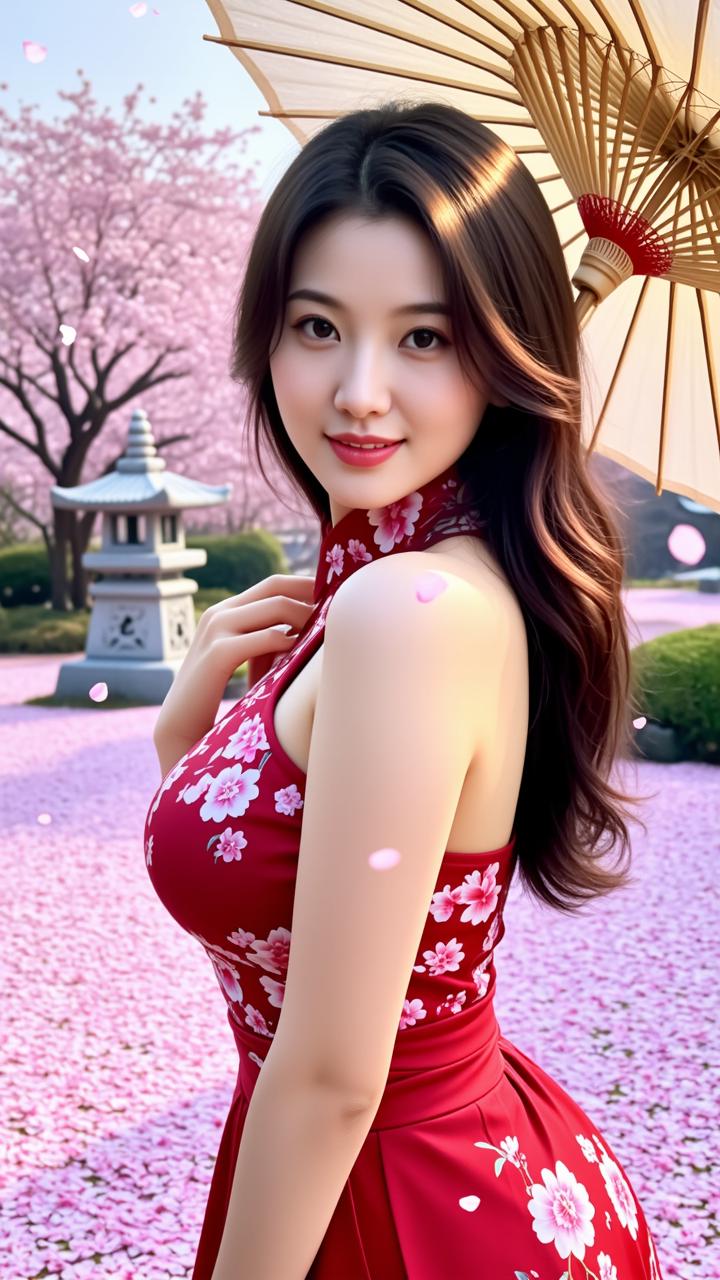 樱花树下，红裙少女撑着伞，那画面美得像画一样。就像摄图网上那幅红衣女子樱花树下花