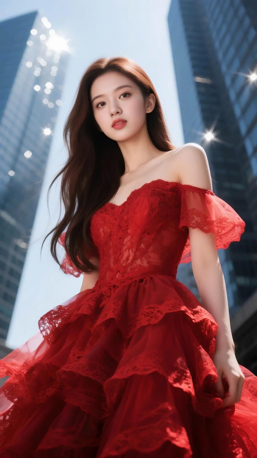 都市红衣少女，优雅动人，尽显时尚魅力！