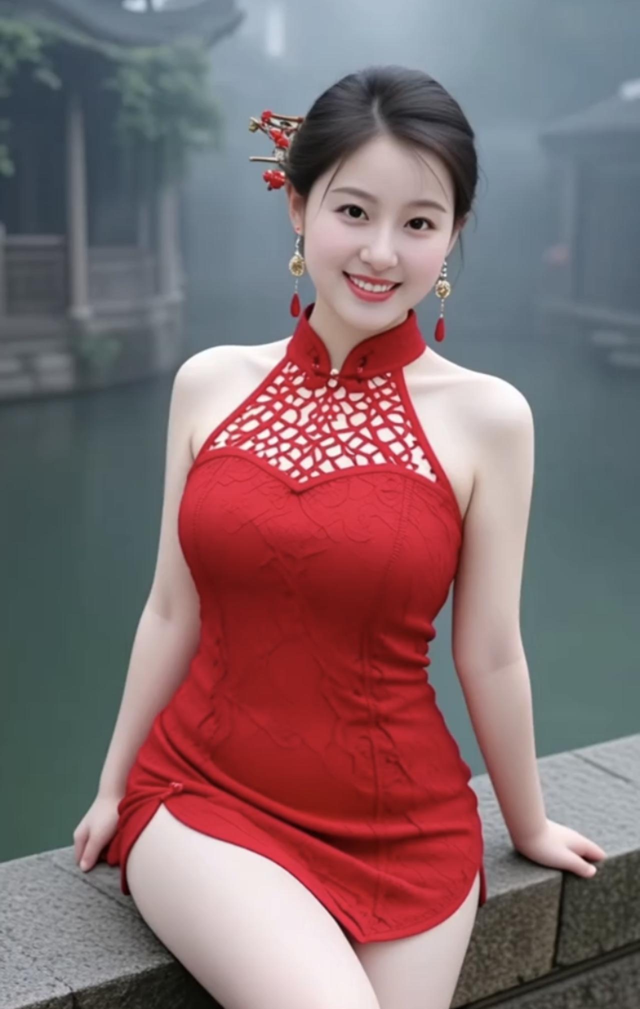 《烟雨中的红衣女》在水墨洇染的江南烟雨，是一首朦胧的诗青石巷的尽头，她静静