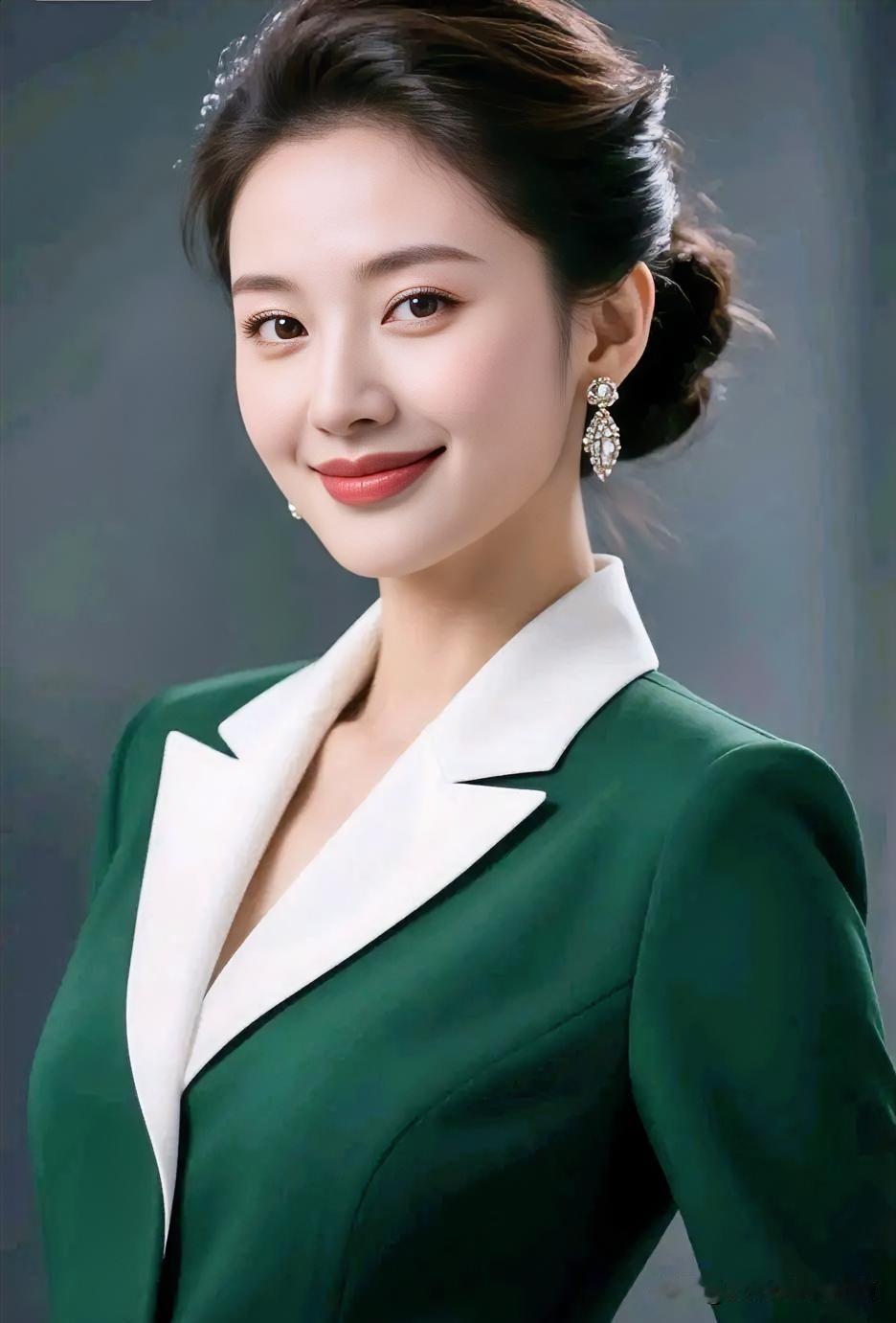 墨绿西装映白襟，温婉浅笑绽芳华。知性优雅气自华，端庄得体尽显东方女性之美。