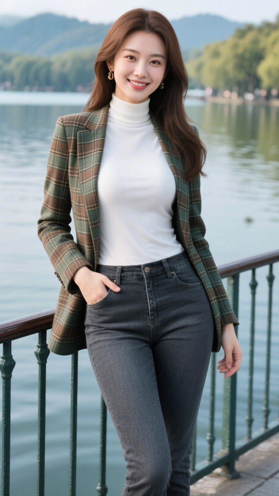 《格衫裹满湖风柔》湖波裹着山影的软意，她倚栏时，格纹西装便成了这景里的温意