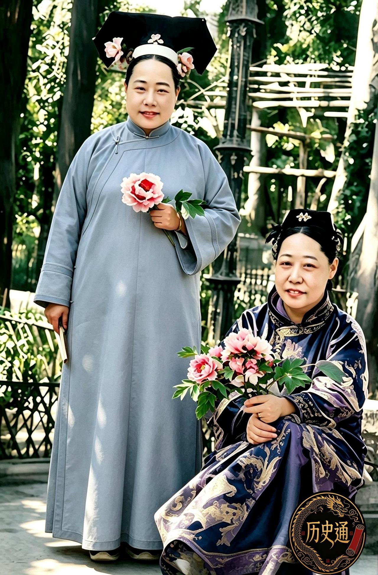 这是端康太妃与伺候自己几十年的贴身宫女在花园里赏花。这名老宫女也是老资历，一辈子