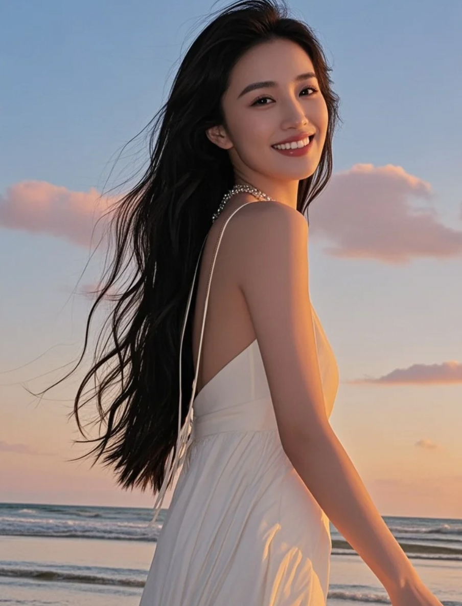 暮色四合，她是沙滩上最温柔的剪影