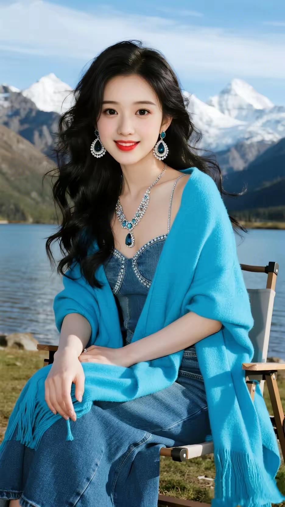 雪山湖畔的甜美少女，蓝裙与碧水相映成趣