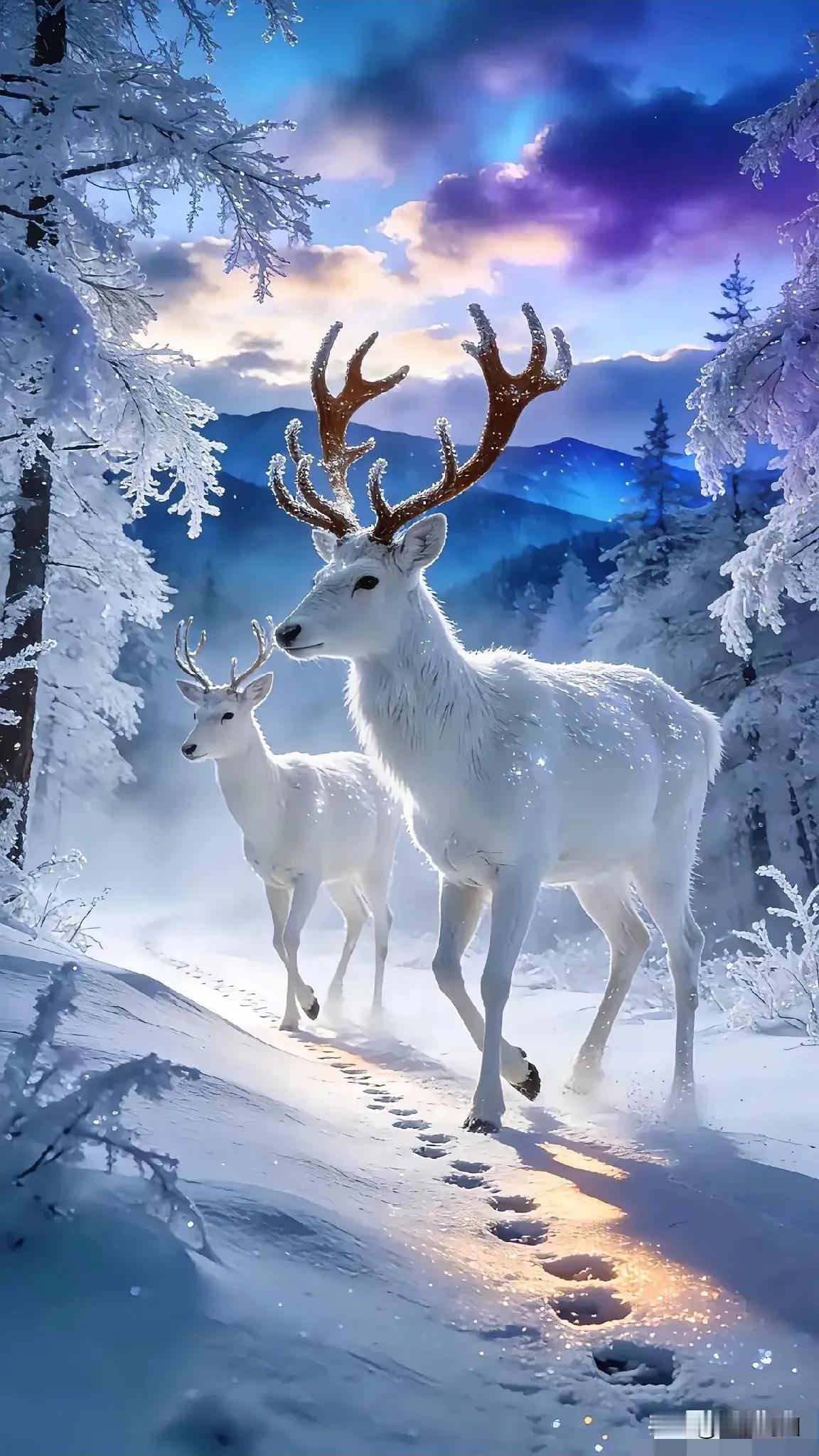 两只鹿在雪地里悠闲地散步。