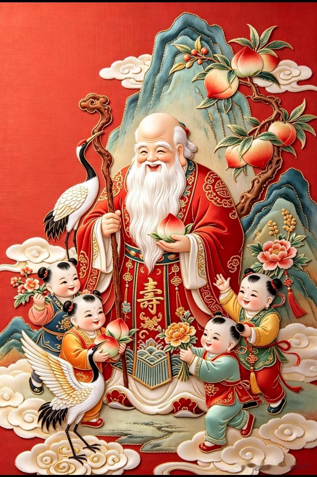 仰见寿星临福境，仙鹤献瑞，寿桃纳吉。祈愿家中老少身体安康，平安顺遂，日子安稳有余