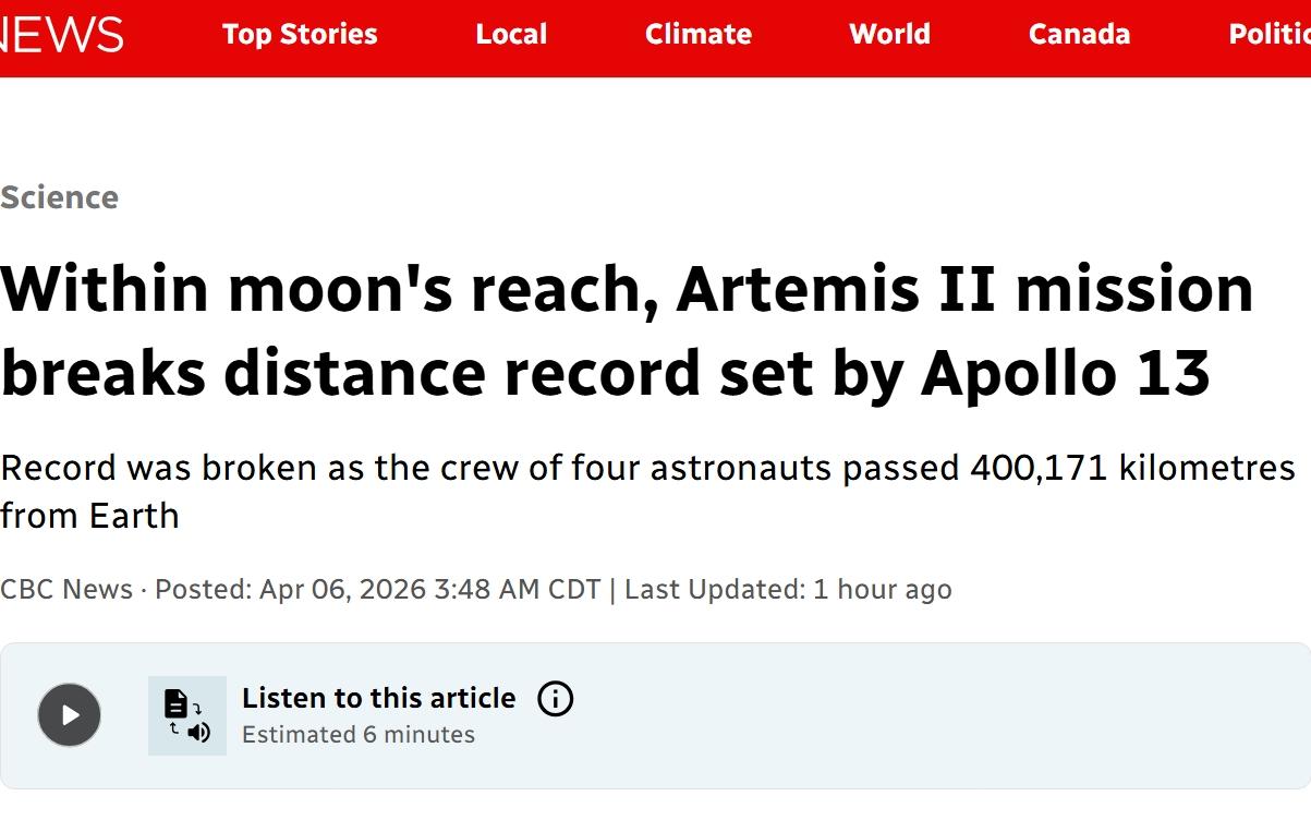 NASA阿尔忒弥斯二号任务进入第六天，打破人类距离地球最远纪录美国东部时间