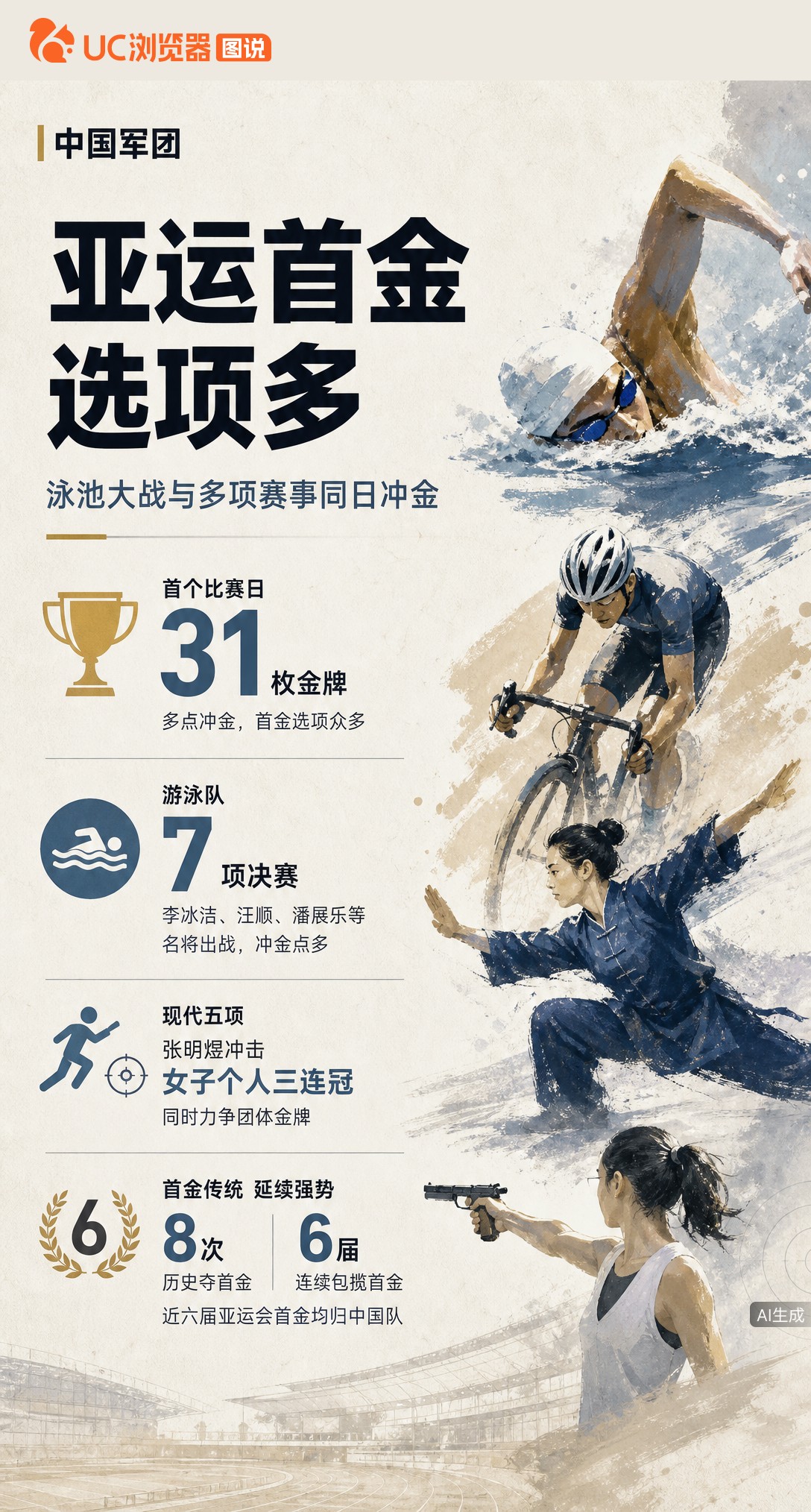 名古屋亚运首日31金，中国队多点冲金！游泳7项决赛均有夺金可能，李冰洁、汪顺领衔；现代五项张明煜冲击