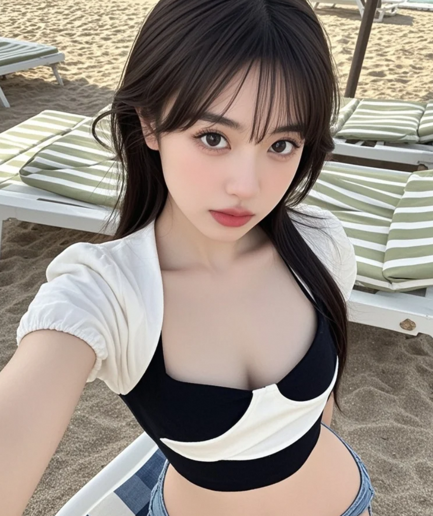 美女在金色沙滩上度假，阳光洒满整个假期