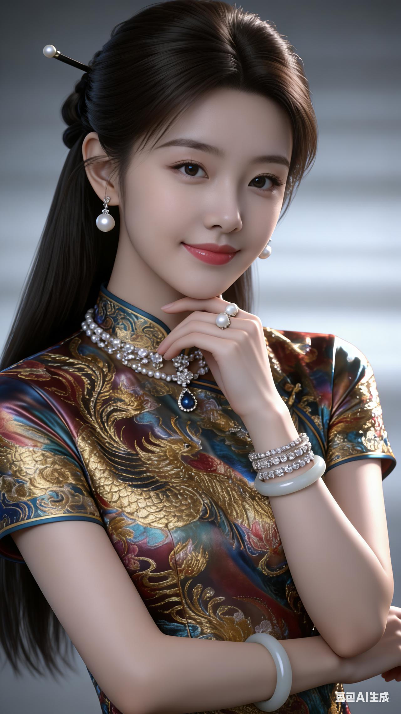 乌黑披肩发柔顺垂落，佩戴精致耳环与手链，身姿柔美婀娜。肌肤通透晶莹娇嫩，冷白皮衬