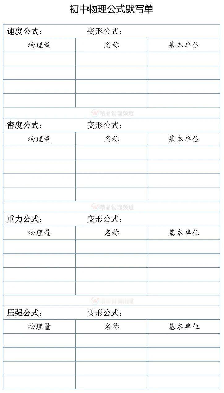 初中物理公式默写单