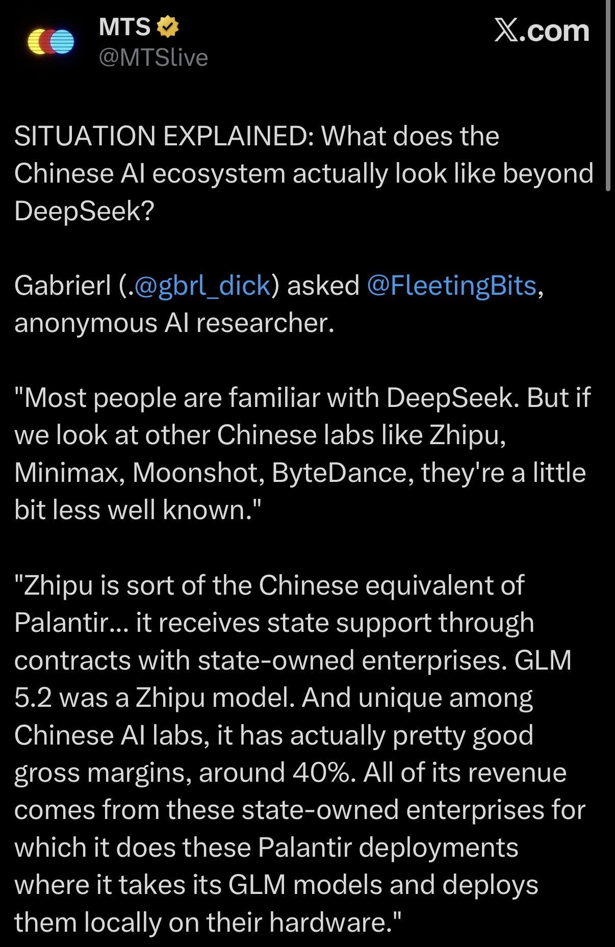 一家不知名的海外媒体MTSlive把中国和美国的AI公司一一对标，居然在X上