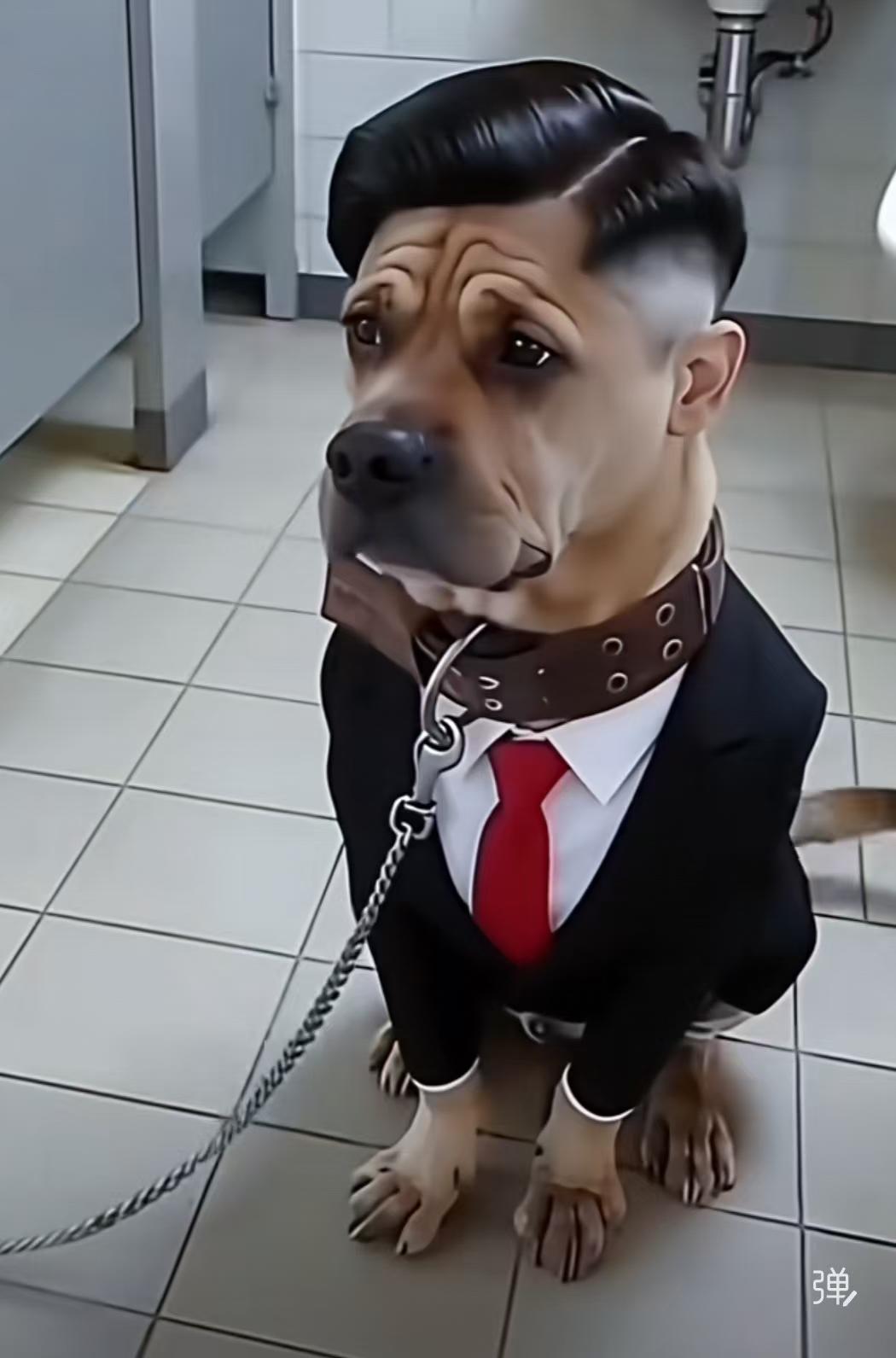 刷到这张图我笑到喷饭！这狗子的造型也太绝了，油亮的大背头配黑西装红领带，那神