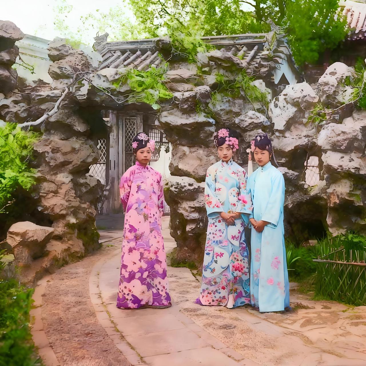 1924年，文绣、婉容与溥杰之妻唐诗霞置身于御花园内。园内，太湖石堆叠成精巧景致