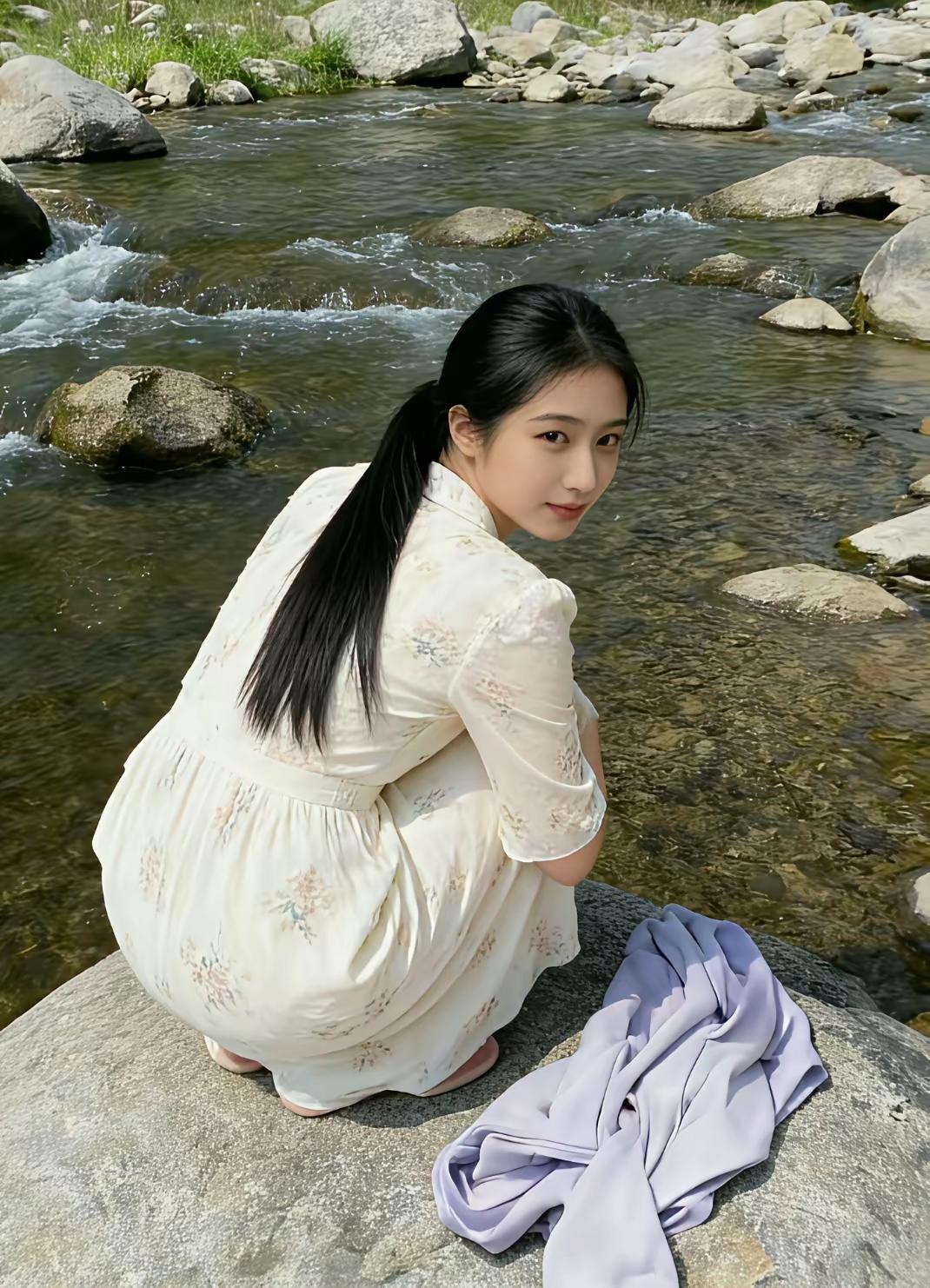 溪边花影动，轻纱拂水间。