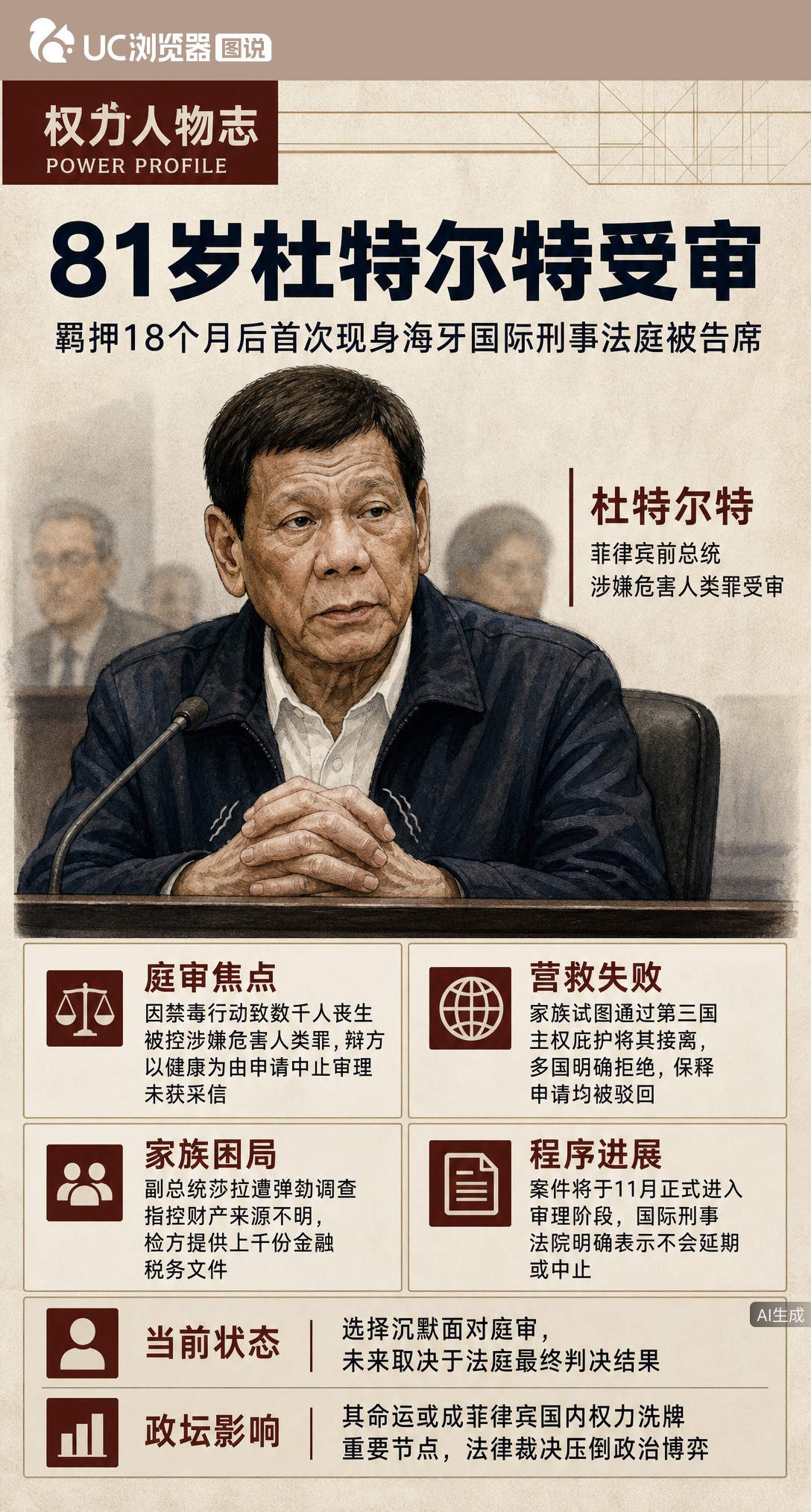 81岁杜特尔特羁押18个月后首现海牙法庭，双手微颤。辩方以健康为由申请免审被驳回，女儿莎拉寻求第三国