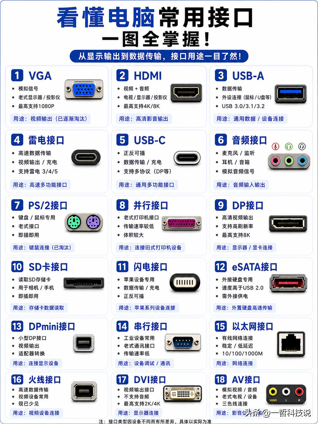 电脑接口傻傻分不清？看完这张图，18种常见接口一次搞懂！电脑上的接口五花八门