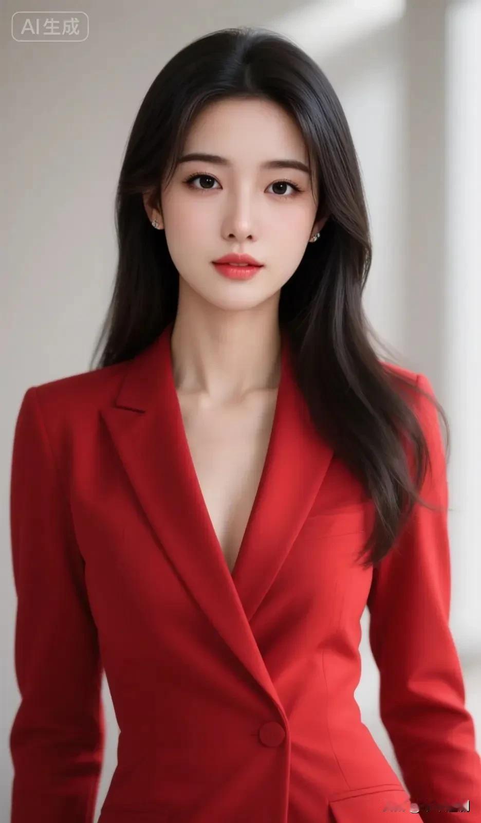 红西装裹着利落的风，唇色是恰到好处的热烈。漫不经心的长发里，藏着不慌不忙的气场。