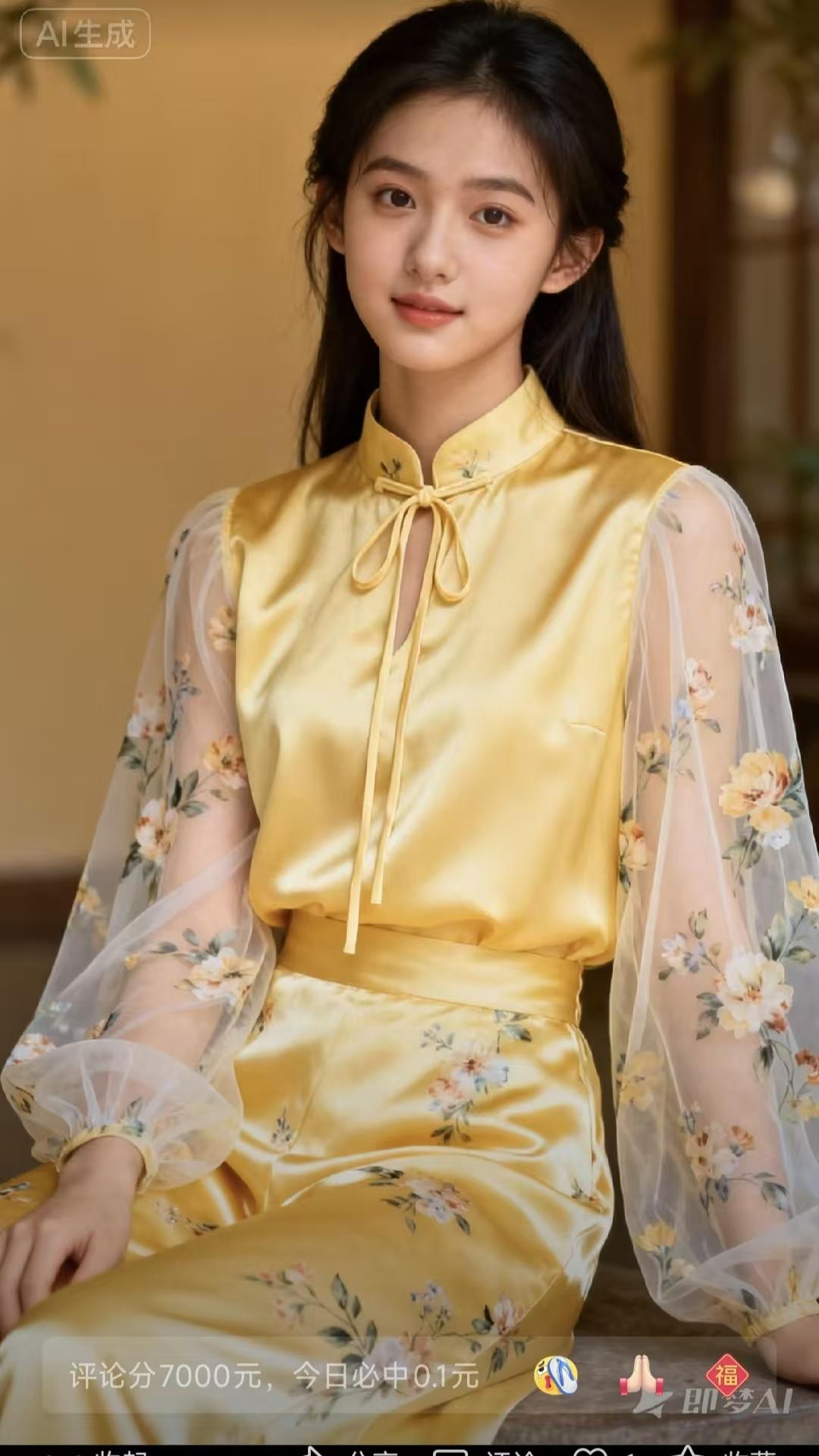 山坡羊·汉服美女暖光轻叩，金绸纹皱，盘扣锁住柔风秀。袖含幽，韵盈眸。花