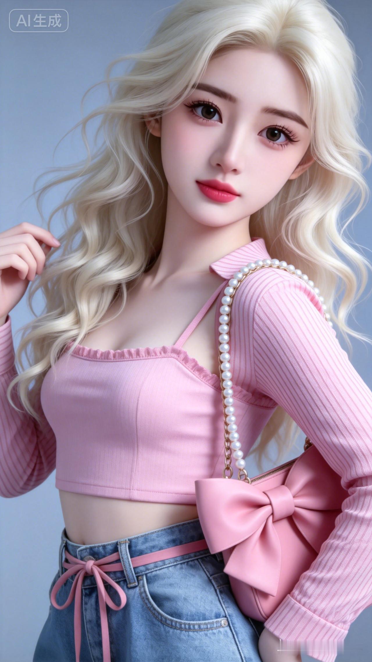 清冷温柔冷白皮少女，浅白金蓬松凌乱波浪卷发，一身粉色系穿搭，精致五官高挺鼻梁玻璃