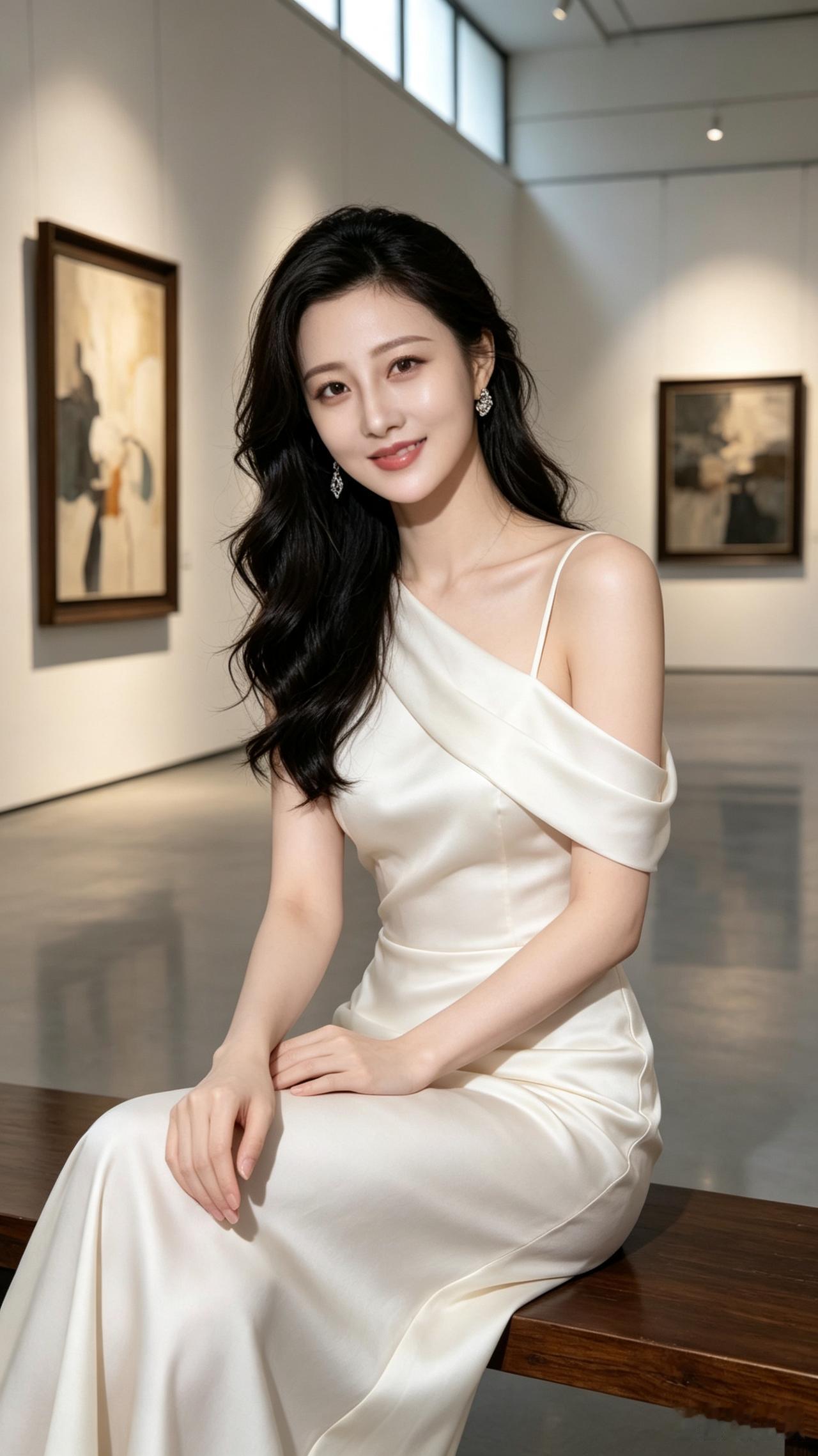 优雅艺术馆，白裙少女，静谧时光