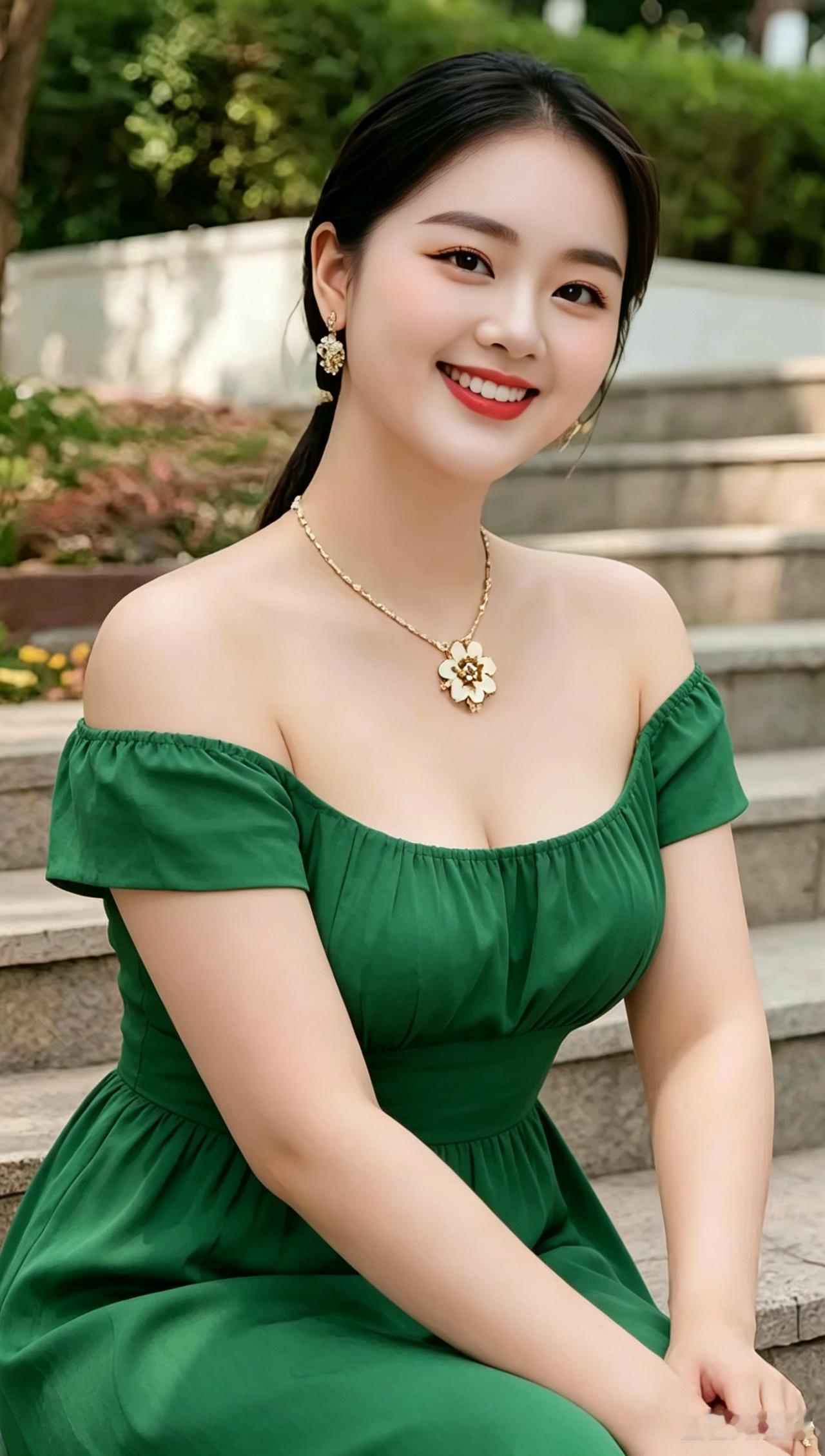 绿裙俏颜石阶园景沐晴光，绿色衣裙韵味长。花饰金链添秀色，明眸含笑焕容