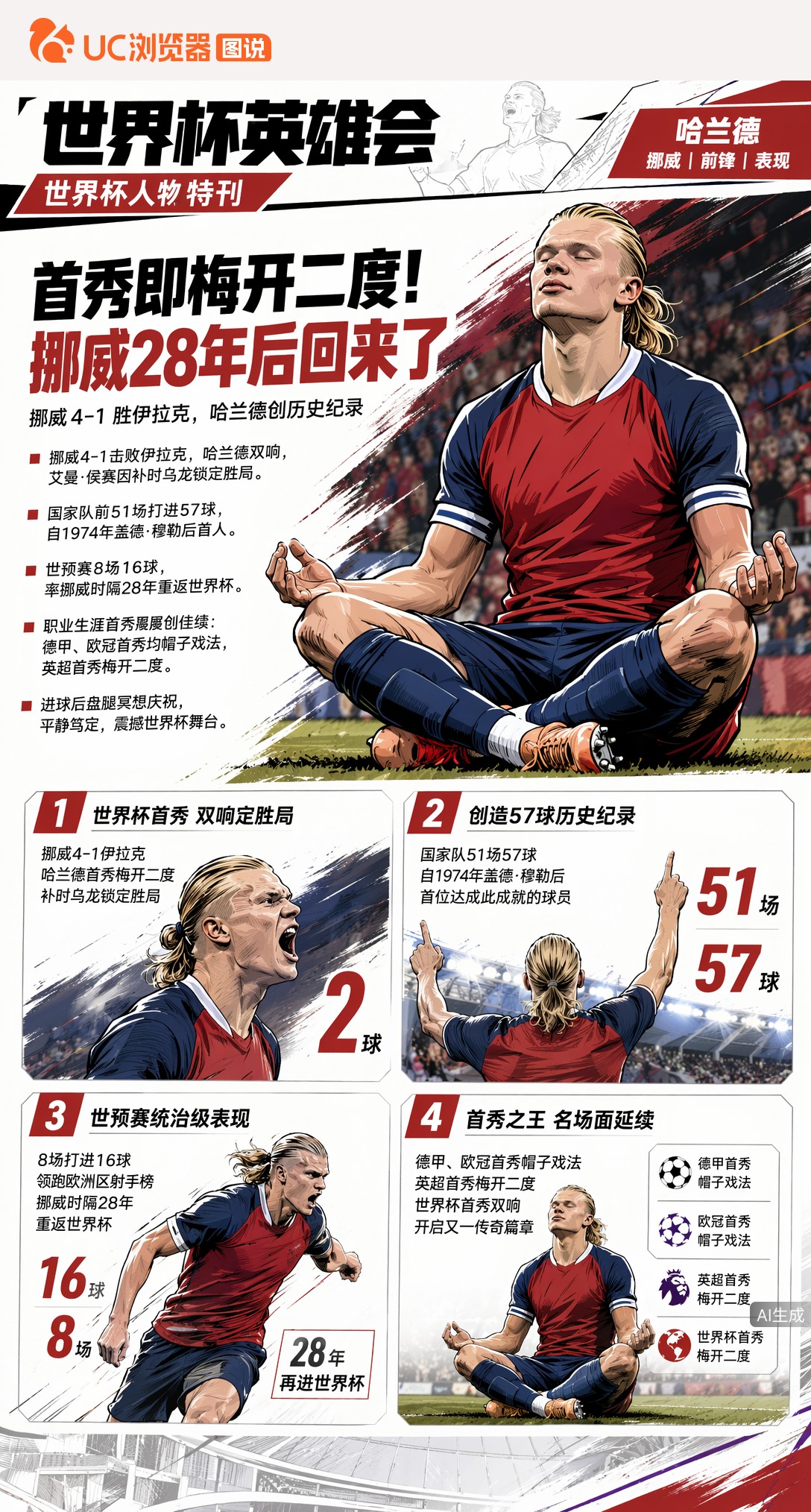 首秀即梅开二度！哈兰德盘腿冥想，挪威4-1时隔28年重返世界杯