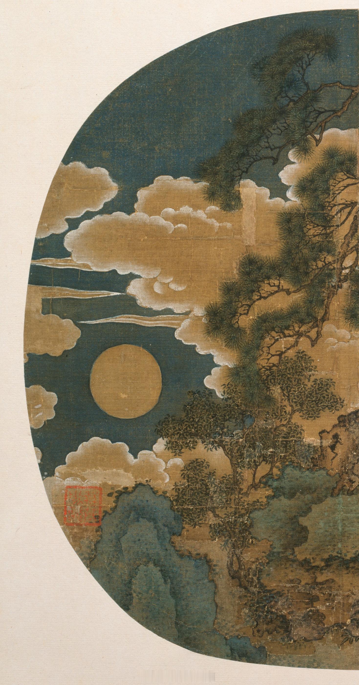 元佚名嫦娥望月图绢本团扇设色尺寸：25.5x26.1厘米来源：美国