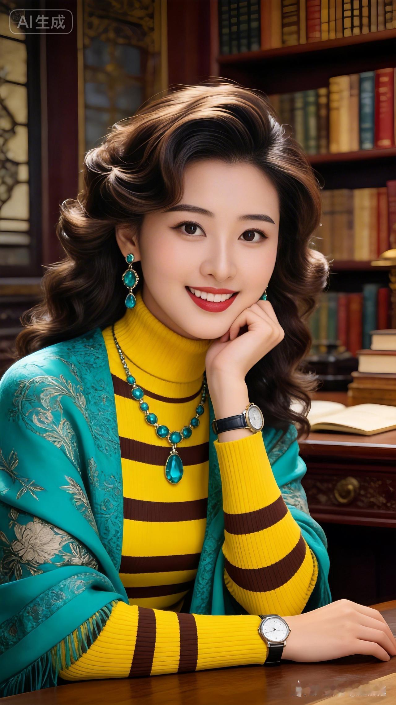 复古风穿搭指南：黄色条纹毛衣+蓝绿色披肩，搭配精致珠宝，尽显优雅气质！