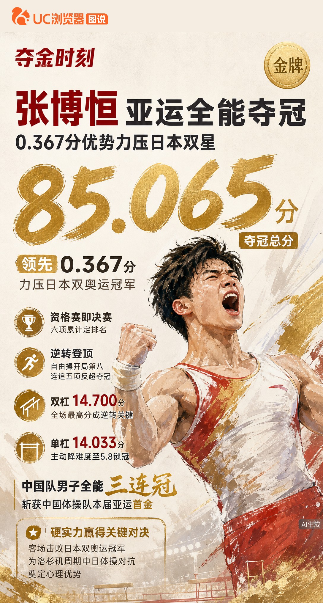 名古屋亚运体操首金！张博恒85.065分逆转夺冠，自由操第八开局连追五项登顶，0.367分力压日本双