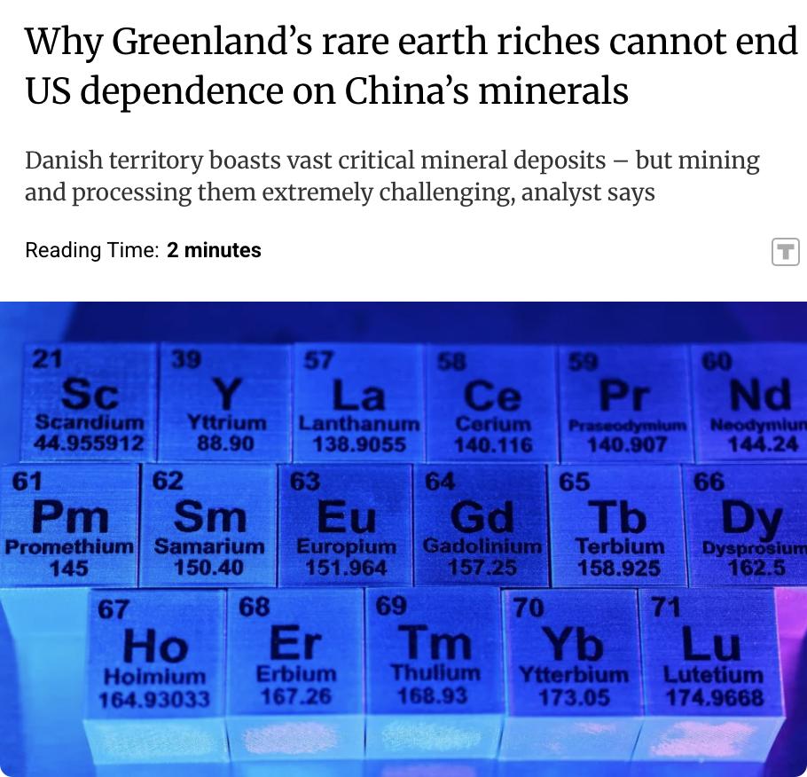 外媒：尽管美国试图获取格陵兰的资源，但地质和技术限制使得包括中国在内的任何国家都