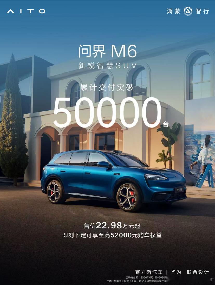 问界m6累计交付突破50000台问界M6累计交付破5万台，标配诚意+多元选择领