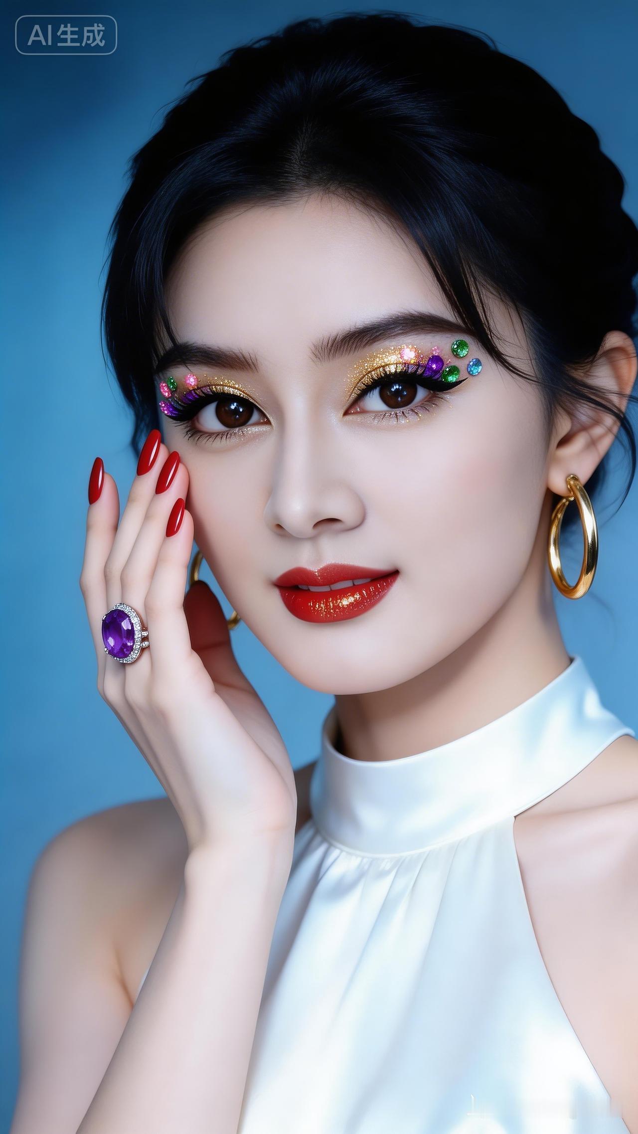 梦幻眼妆，闪耀耳环，优雅白裙，尽显魅力！💄✨👗