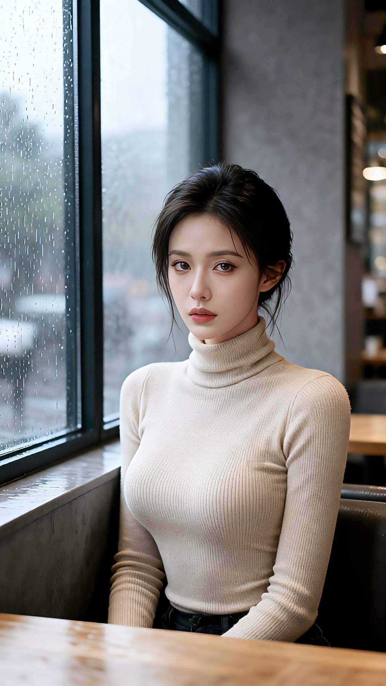 雨中独坐，妆容如画却难掩眼底忧伤，时光静默成诗。壁纸伤感