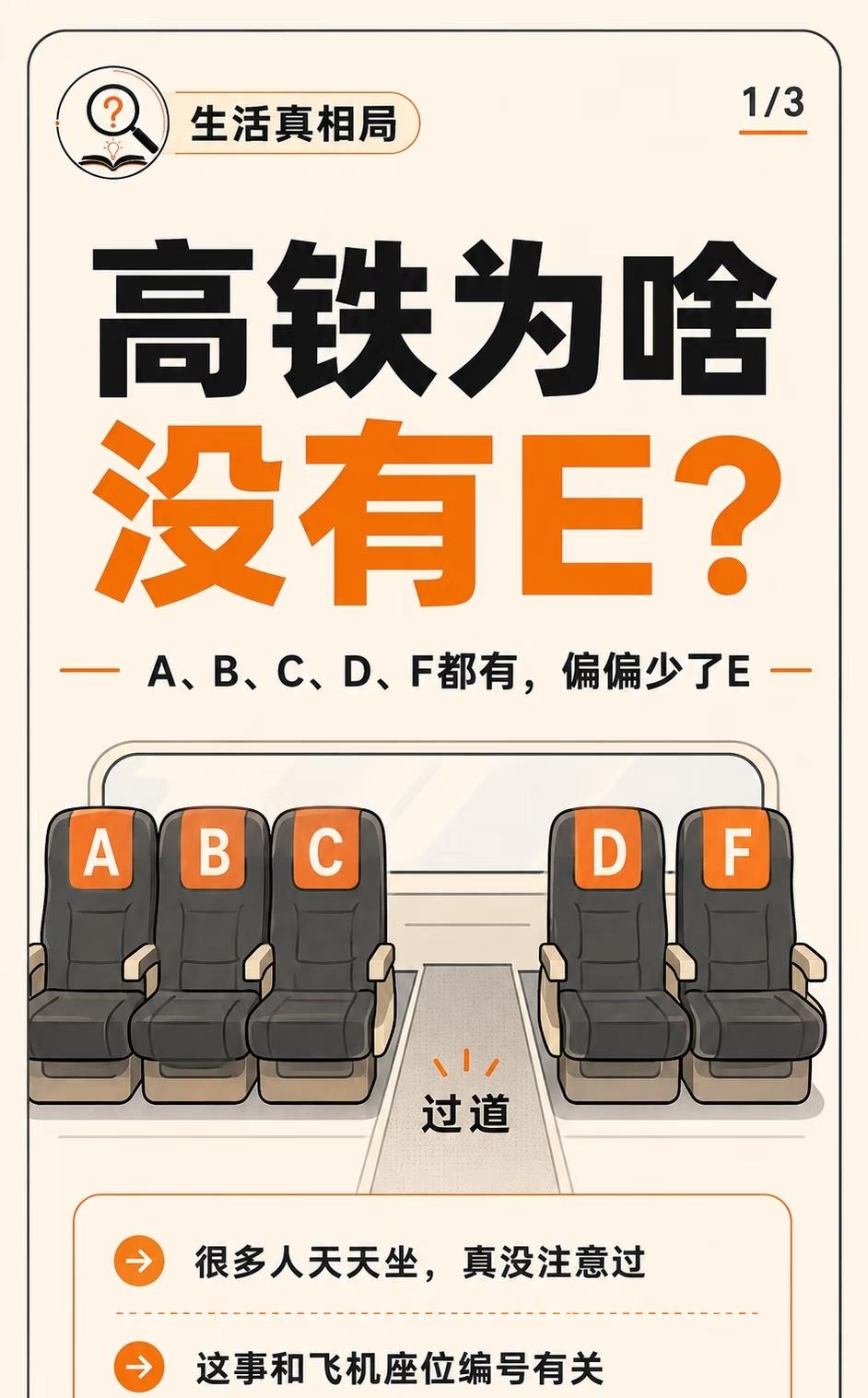 高铁座位为何没有E？高铁座位模式延续早期飞机，早期飞机座位编号为ABC、DEF