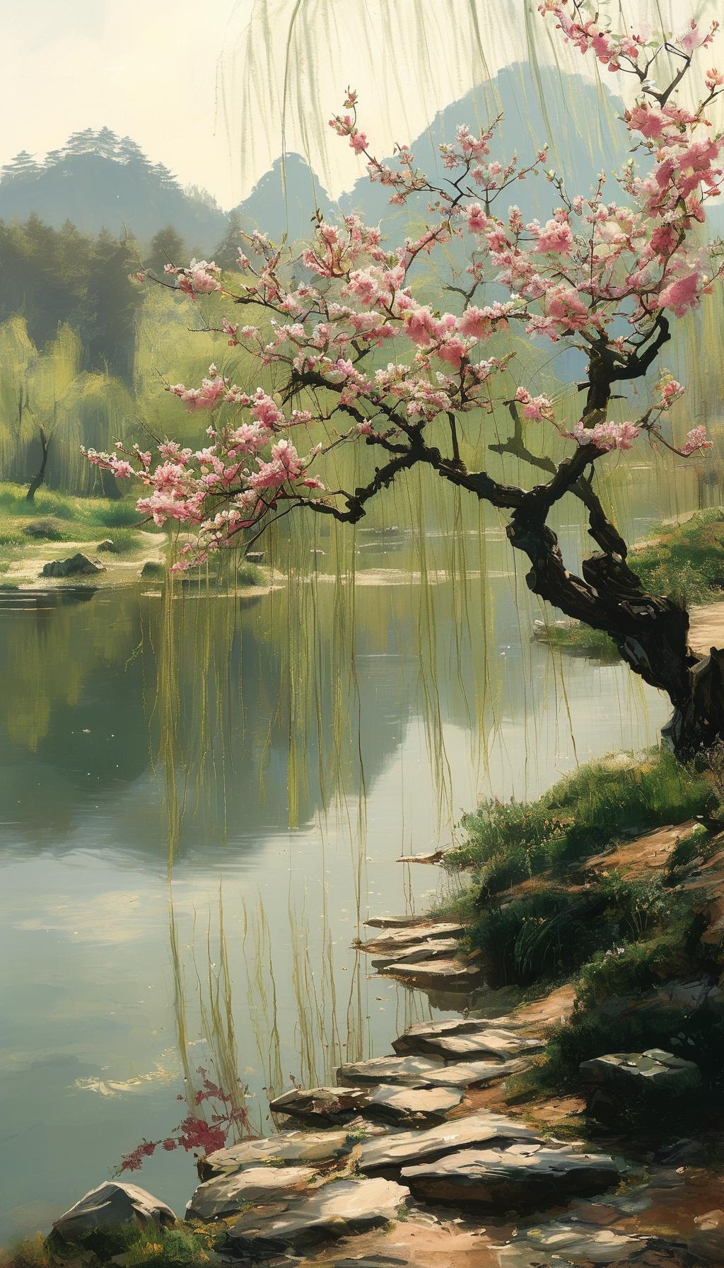 《春行》暖风轻拂踏青尘，柳色含烟映水新。一路花香随步软，半帘春色醉归