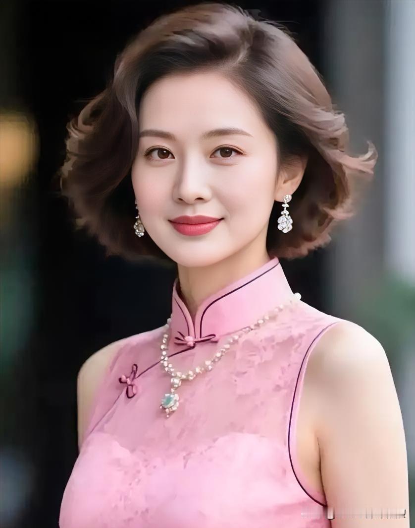 粉色旗袍勾勒曼妙曲线，波浪短发配珍珠项链，温婉一笑，尽显东方佳人古典韵味。