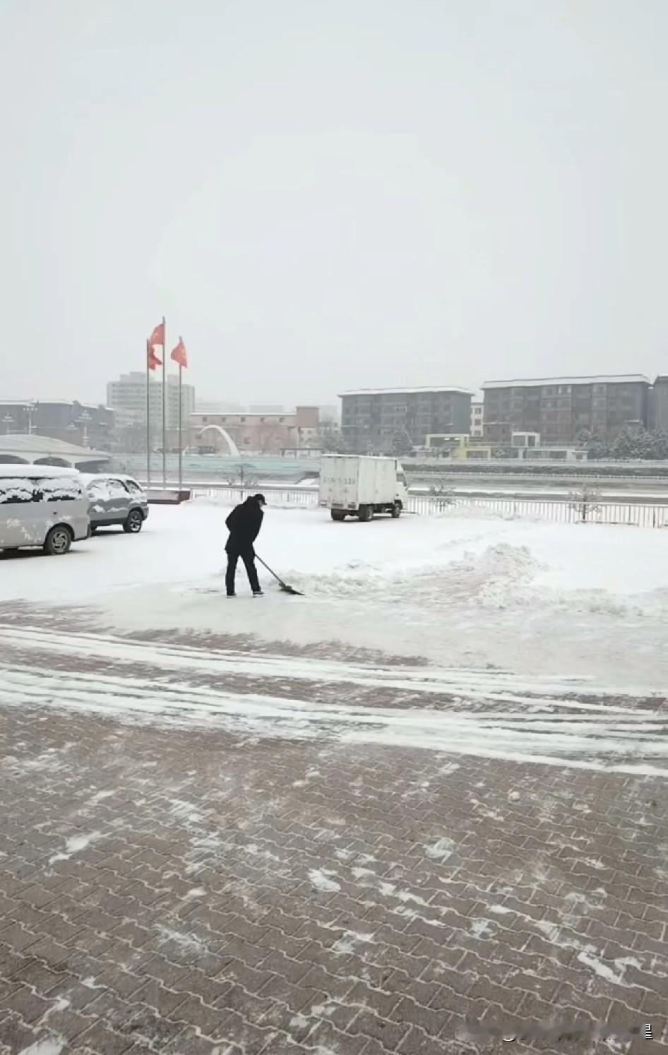 今儿出门撞见超暖心的一幕！大雪下得漫天飘，路上积雪都快没过脚面了，一位大爷二话不