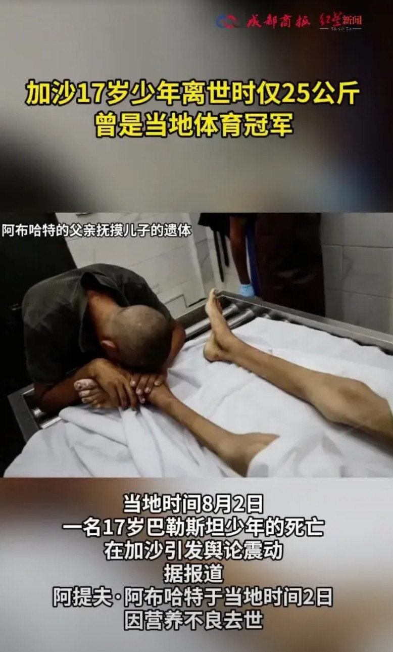 以色列真是太坏了。当地时间8月2日，17岁加沙少年阿提夫·阿布哈特因严重营养不
