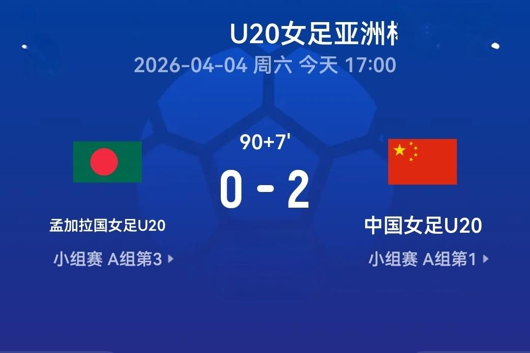 U20女足小胜弱旅孟加拉国，两粒进球精彩。U20女足亚洲杯第二轮，中国队对阵小