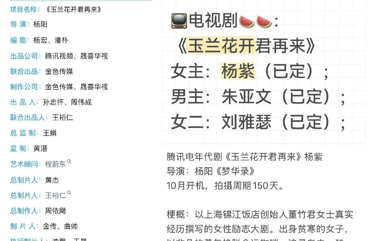 《杨紫新剧消息！《玉兰花开君再来》传将合作杨阳导演，男主或为朱亚文》杨紫的《生