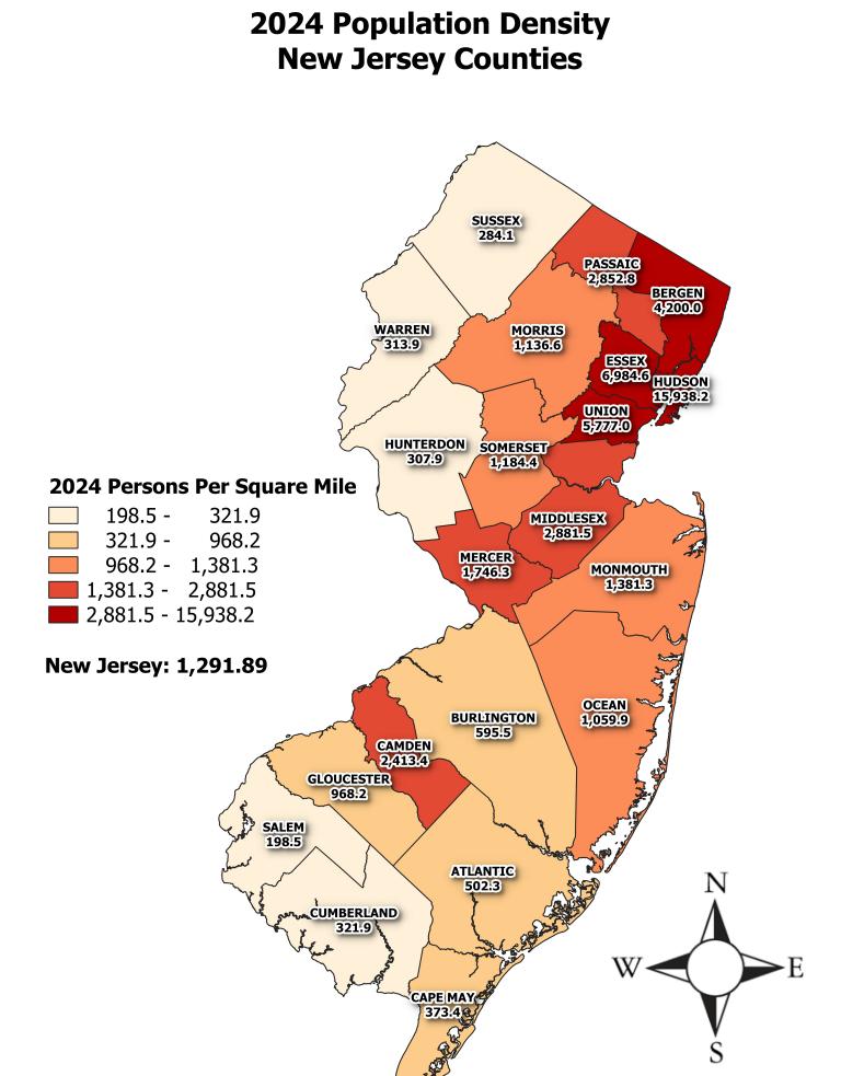 来美国几年了，总觉得新泽西靠近纽约的地方比北京还挤。一查数据，挨着纽约的4个郡人