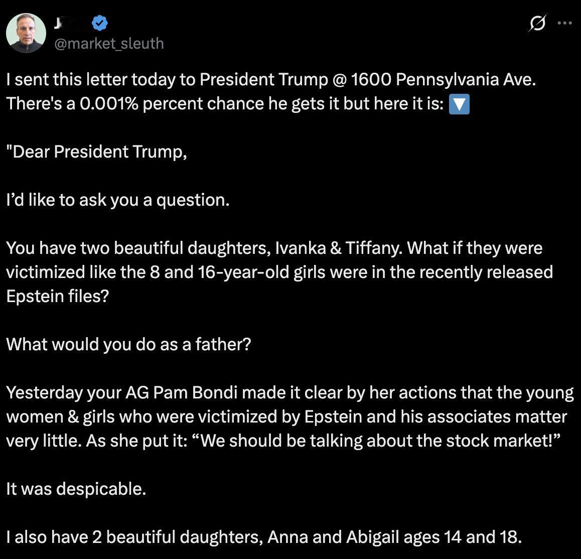 美国网友给特朗普发公开信：如果你的女儿伊万卡和蒂芙尼被爱泼斯坦性侵了，你会无动于