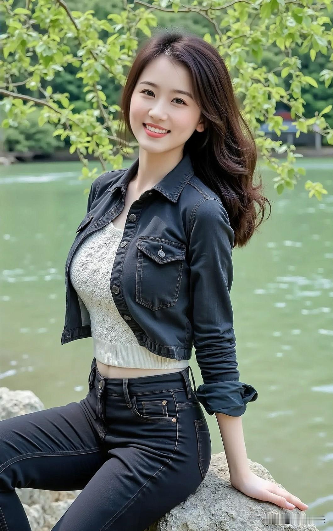 阳光下的甜美少女，在湖边微笑自拍，笑容比波光还要闪耀。美少女的微笑自然美少女自