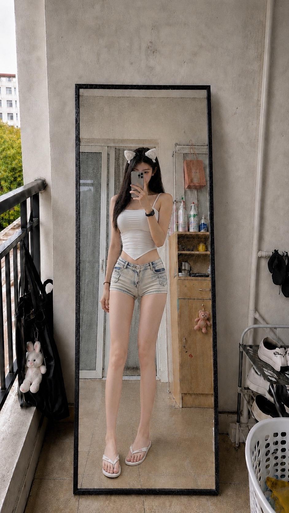 夏日辣妹穿搭🧊｜白上衣+牛仔短裤 清爽。阳台对镜自拍的一天☀️。  ...