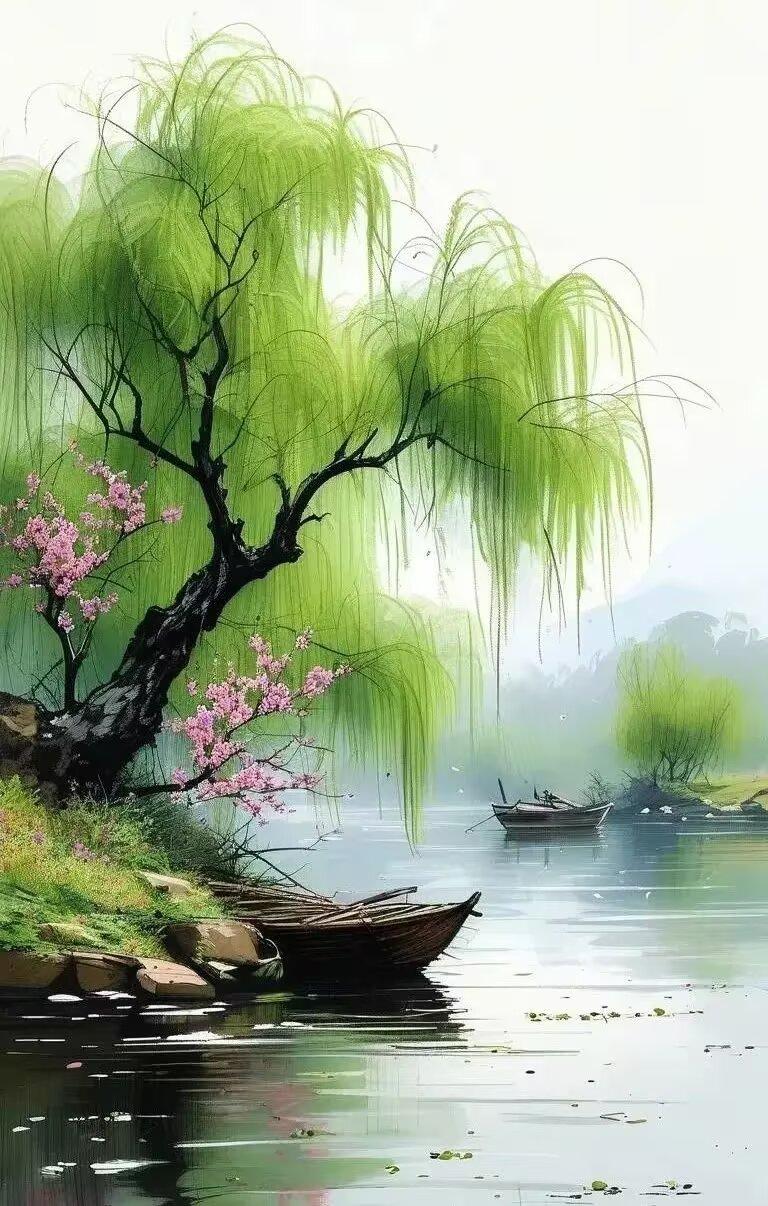 上联:桃花朵朵风中笑，荷风求下联1.柳叶依依雨里摇。2.竹影疏疏窗畔摇。​