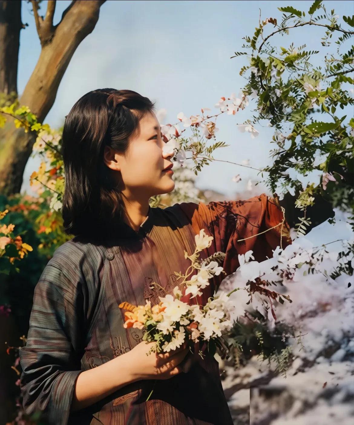 40年代初，新四军美女李又兰在花间的一张留影，粗布麻衣，不施粉黛却给人一种宁静和