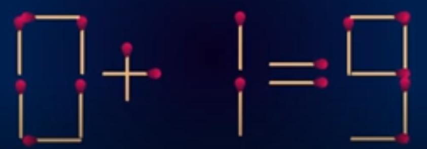 火柴棒拼成的“0+1=9”明显不成立，现在有个小挑战：**仅移动1根