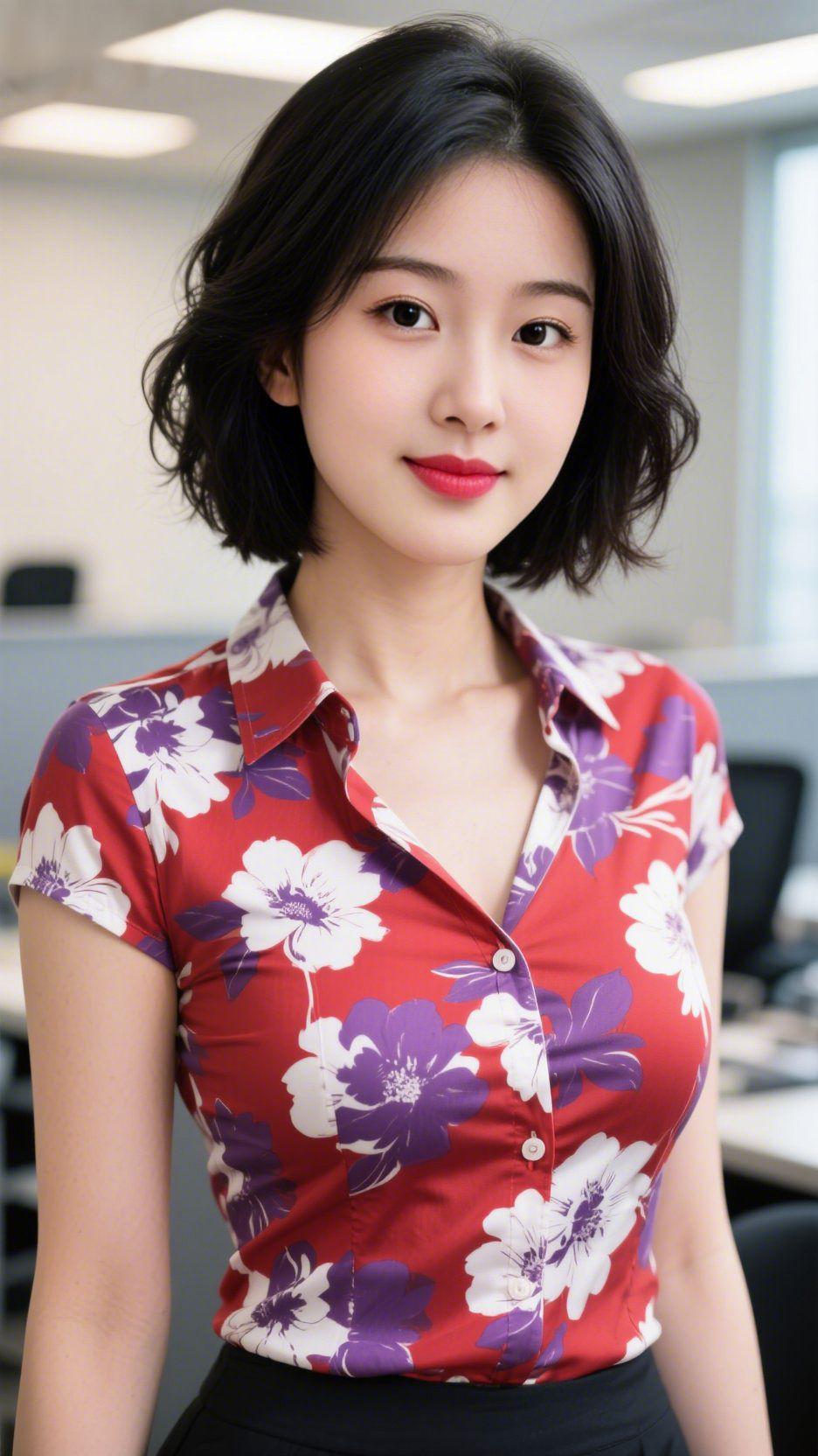 花衫漾开办公柔写字楼的柔光漫开时，她身上的红底花衫，恰似将春日花簇轻移进规